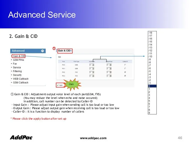 Advanced Service Click ① ① Gain & CID : Adjustment output