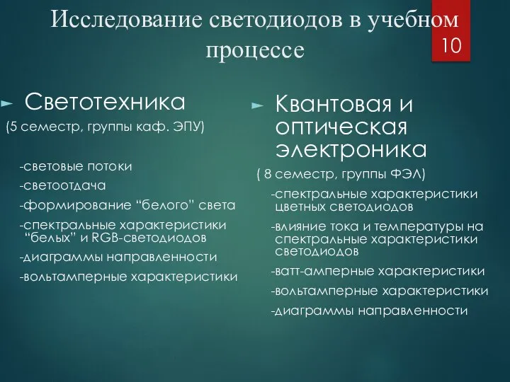 Исследование светодиодов в учебном процессе Светотехника (5 семестр, группы каф. ЭПУ)