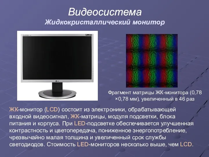 Видеосистема Жидкокристаллический монитор Фрагмент матрицы ЖК-монитора (0,78×0,78 мм), увеличенный в 46