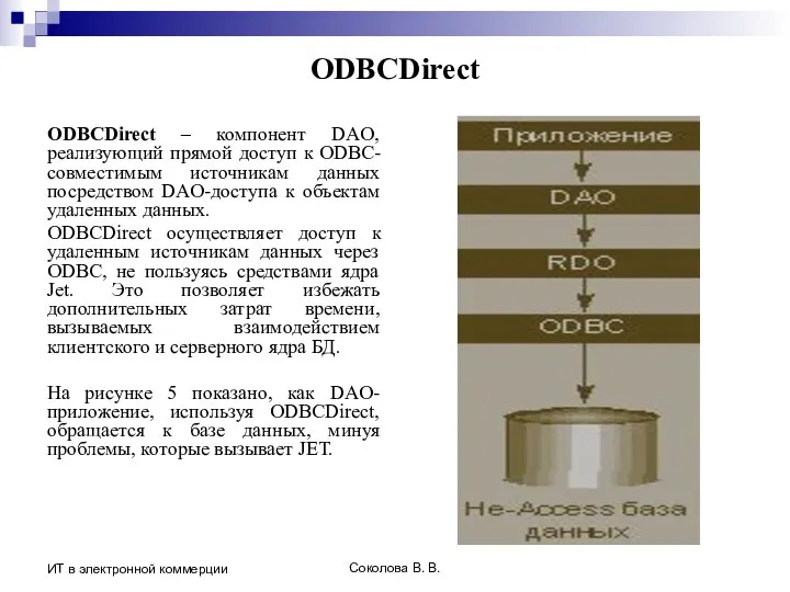 Соколова В. В. ИТ в электронной коммерции ODBCDirect ODBCDirect – компонент