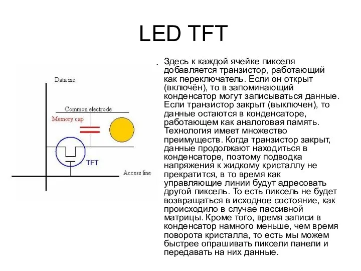 LED TFT Здесь к каждой ячейке пикселя добавляется транзистор, работающий как