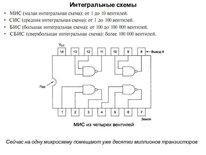 Интегральные схемы Сейчас на одну микросхему помещают уже десятки миллионов транзисторов