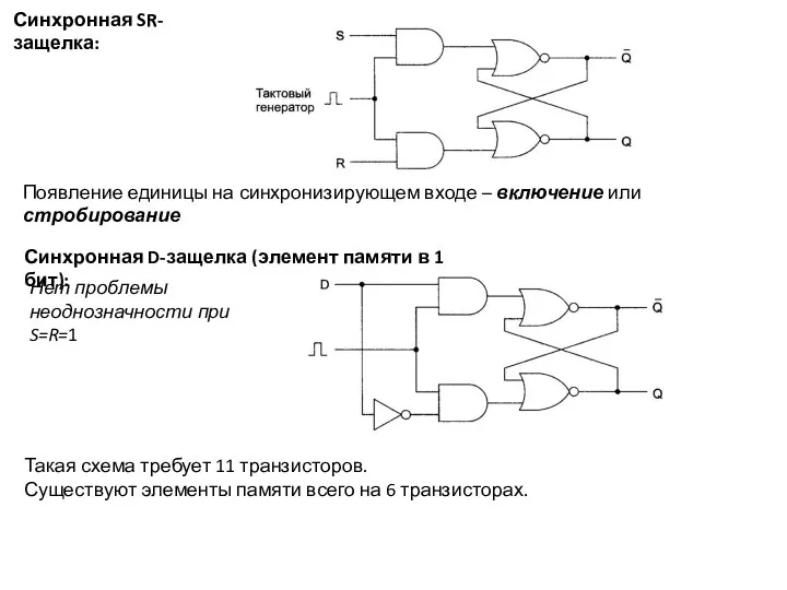 Синхронная SR-защелка: Появление единицы на синхронизирующем входе – включение или стробирование
