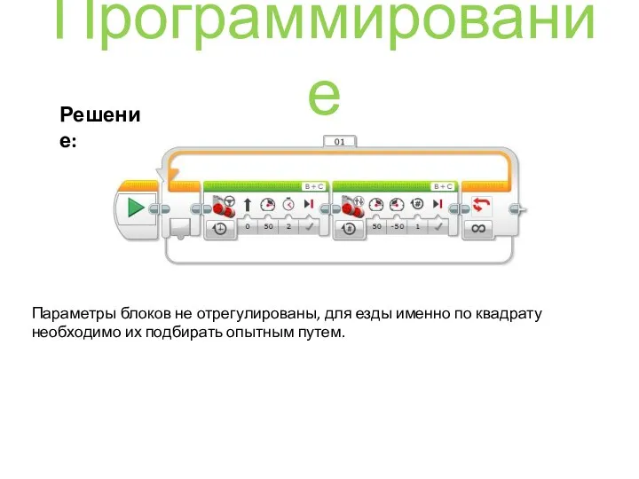 Программирование Решение: Параметры блоков не отрегулированы, для езды именно по квадрату необходимо их подбирать опытным путем.