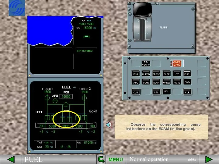 Observe the corresponding pump indications on the ECAM (in-line green). MENU