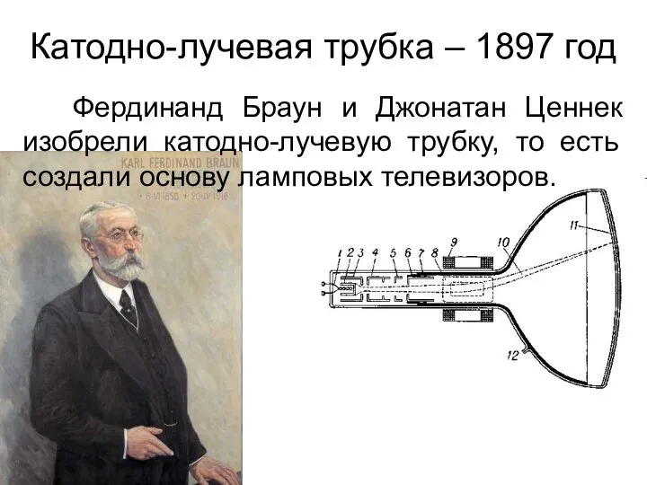 Катодно-лучевая трубка – 1897 год Фердинанд Браун и Джонатан Ценнек изобрели