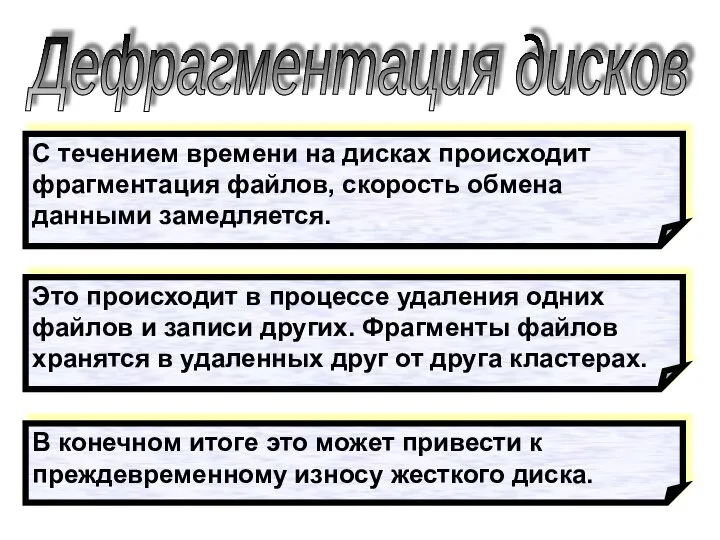 Дефрагментация дисков С течением времени на дисках происходит фрагментация файлов, скорость