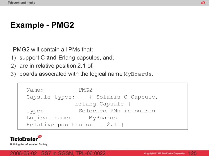 SS7 in SGSN, TPL-06:0022 2006-05-02 Example - PMG2 PMG2 will contain