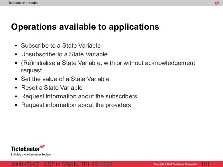 SS7 in SGSN, TPL-06:0022 2006-05-02 Operations available to applications Subscribe to