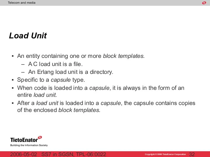 SS7 in SGSN, TPL-06:0022 2006-05-02 Load Unit An entity containing one