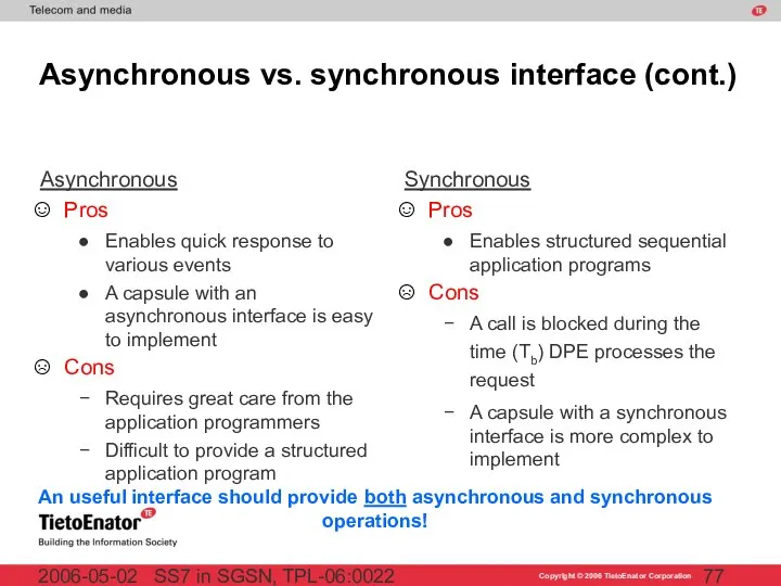SS7 in SGSN, TPL-06:0022 2006-05-02 Asynchronous vs. synchronous interface (cont.) Asynchronous
