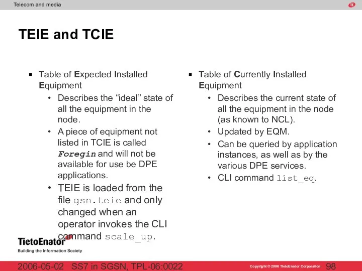 SS7 in SGSN, TPL-06:0022 2006-05-02 TEIE and TCIE Table of Expected