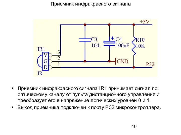 Приемник инфракрасного сигнала Приемник инфракрасного сигнала IR1 принимает сигнал по оптическому