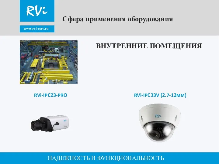 www.rvi-cctv.ru НАДЕЖНОСТЬ И ФУНКЦИОНАЛЬНОСТЬ Сфера применения оборудования RVi-IPC33V (2.7-12мм) ВНУТРЕННИЕ ПОМЕЩЕНИЯ RVi-IPC23-PRO