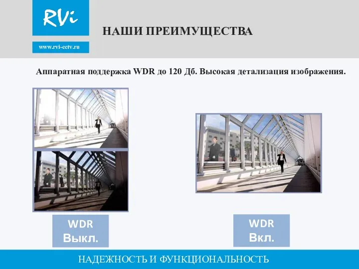 www.rvi-cctv.ru НАДЕЖНОСТЬ И ФУНКЦИОНАЛЬНОСТЬ Аппаратная поддержка WDR до 120 Дб. Высокая