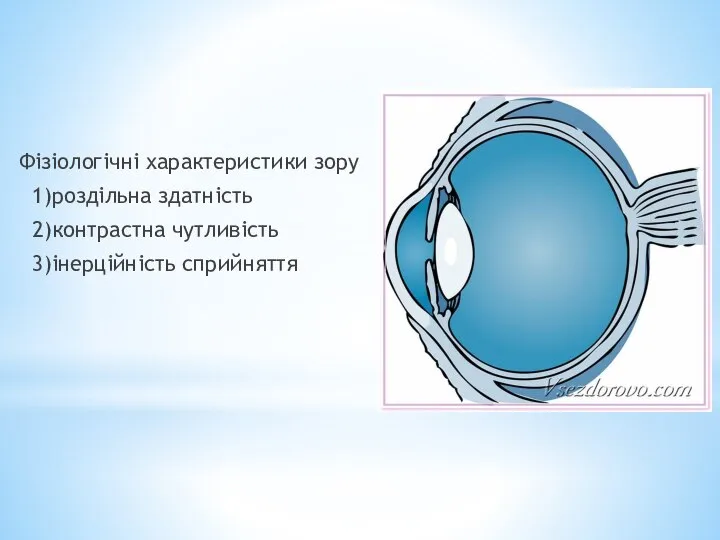 Фізіологічні характеристики зору 1)роздільна здатність 2)контрастна чутливість 3)інерційність сприйняття