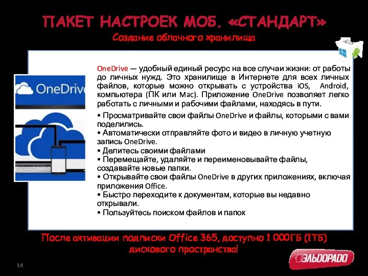 ПАКЕТ НАСТРОЕК МОБ. «СТАНДАРТ» Создание облачного хранилища После активации подписки Office