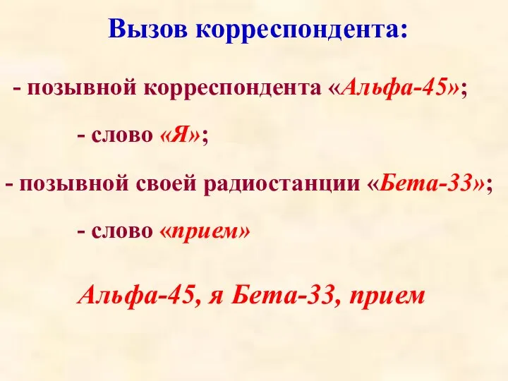 Вызов корреспондента: - позывной корреспондента «Альфа-45»; - слово «Я»; - позывной