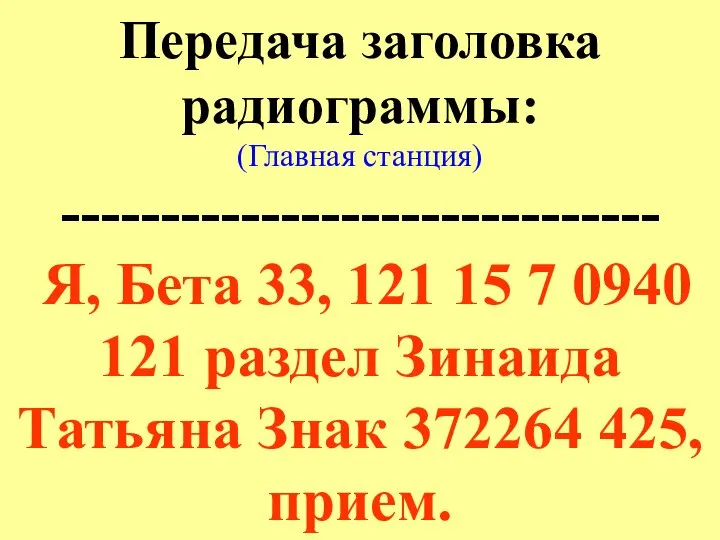 Передача заголовка радиограммы: (Главная станция) ------------------------------ Я, Бета 33, 121 15