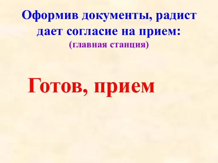 Оформив документы, радист дает согласие на прием: (главная станция) Готов, прием