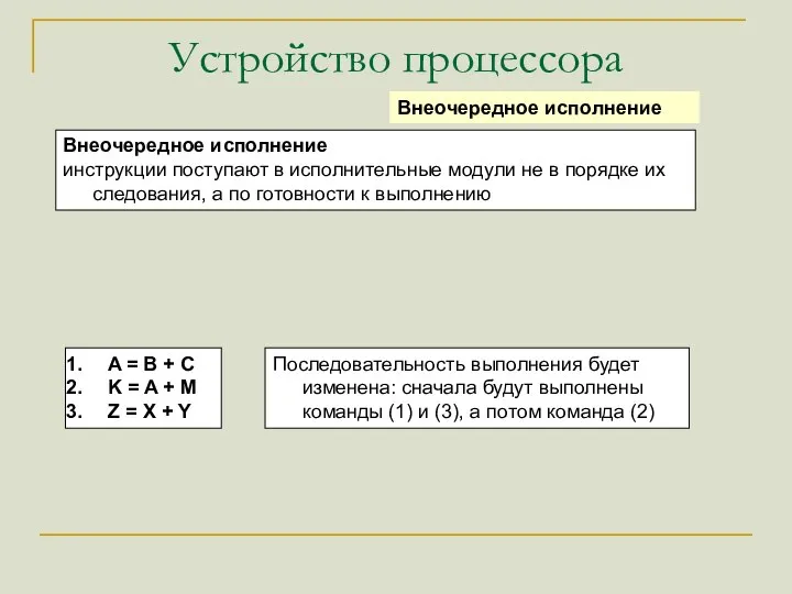 Устройство процессора Внеочередное исполнение Внеочередное исполнение инструкции поступают в исполнительные модули