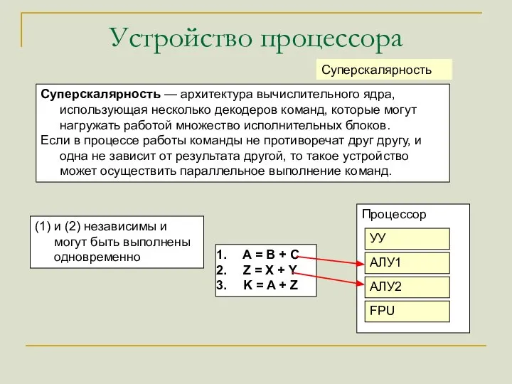 Процессор Устройство процессора Суперскалярность Суперскалярность — архитектура вычислительного ядра, использующая несколько