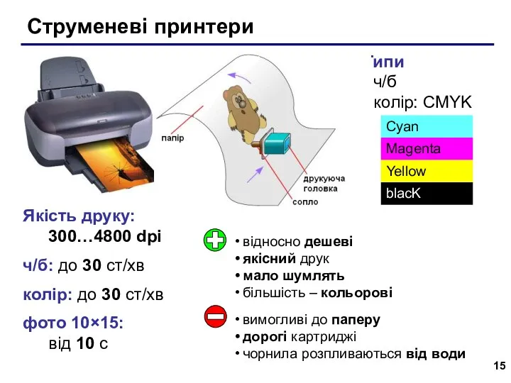 Якість друку: 300…4800 dpi ч/б: до 30 ст/хв колір: до 30