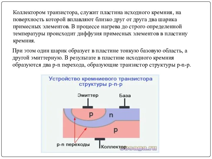 Коллектором транзистора, служит пластина исходного кремния, на поверхность которой вплавляют близко