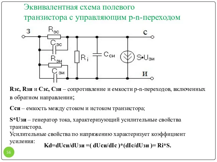 Эквивалентная схема полевого транзистора с управляющим p-n-переходом Rзс, Rзи и Сзс,