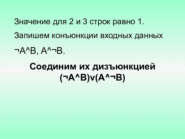 Значение для 2 и 3 строк равно 1. Запишем конъюнкции входных