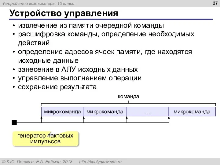 Устройство управления извлечение из памяти очередной команды расшифровка команды, определение необходимых