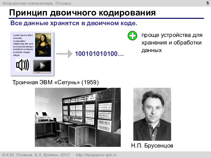 Принцип двоичного кодирования Все данные хранятся в двоичном коде. проще устройства