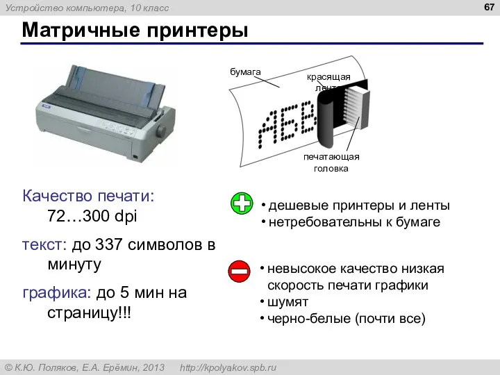 Матричные принтеры Качество печати: 72…300 dpi текст: до 337 символов в