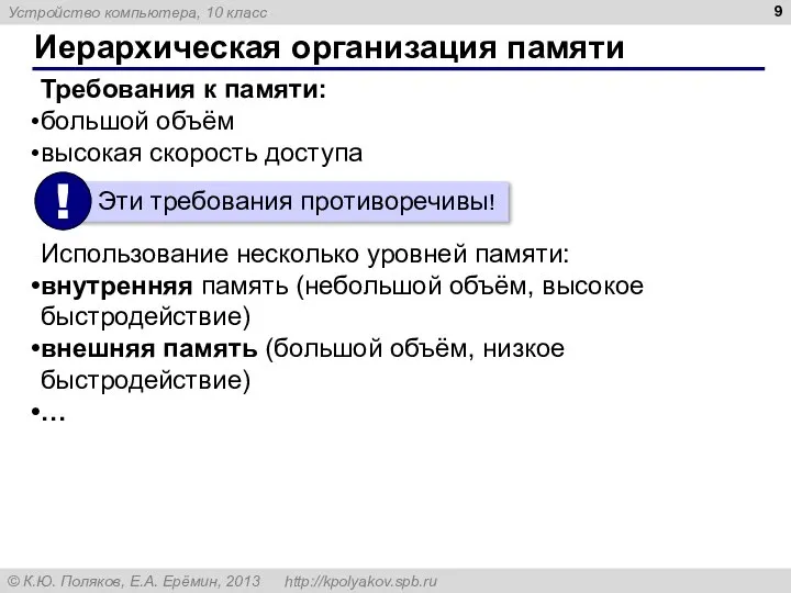 Иерархическая организация памяти Требования к памяти: большой объём высокая скорость доступа