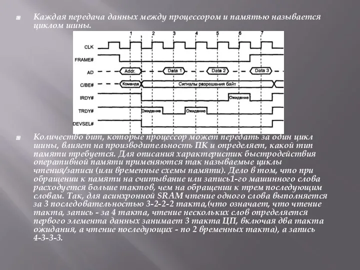 Каждая передача данных между процессором и памятью называется циклом шины. Количество