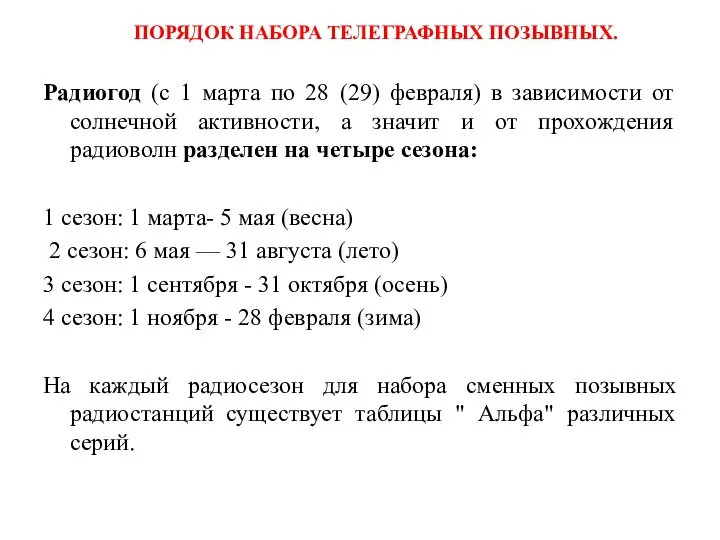 ПОРЯДОК НАБОРА ТЕЛЕГРАФНЫХ ПОЗЫВНЫХ. Радиогод (с 1 марта по 28 (29)