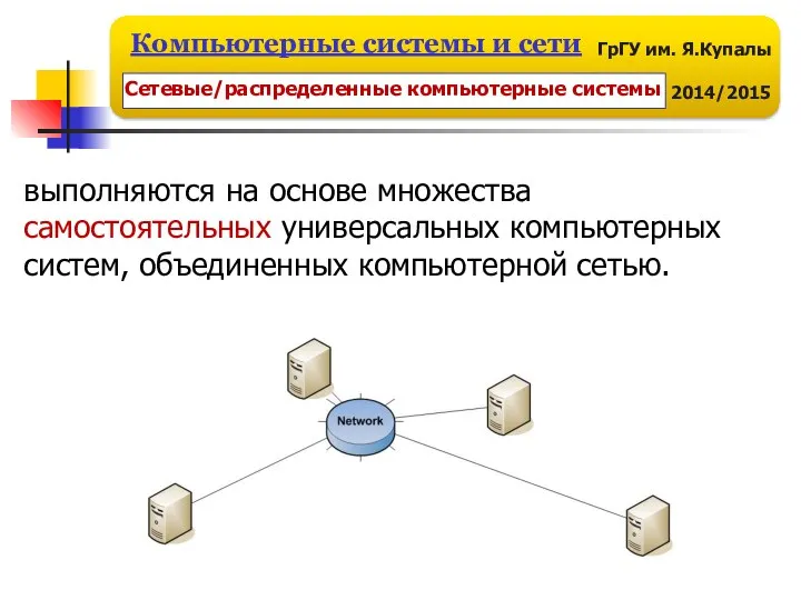 выполняются на основе множества самостоятельных универсальных компьютерных систем, объединенных компьютерной сетью. Сетевые/распределенные компьютерные системы