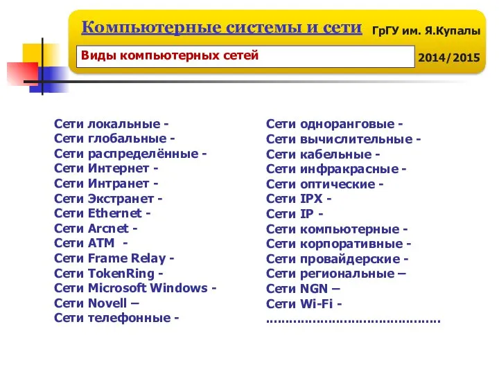 Сети локальные - Сети глобальные - Сети распределённые - Сети Интернет