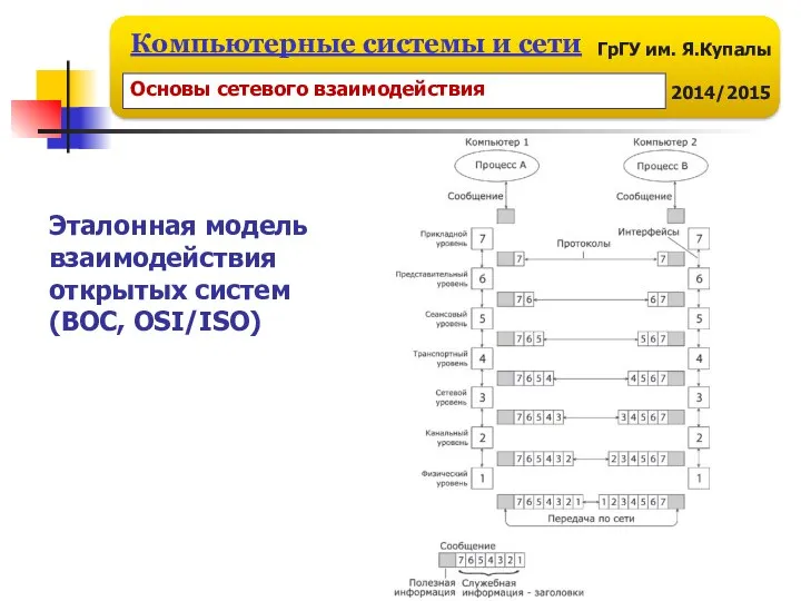 Основы сетевого взаимодействия Эталонная модель взаимодействия открытых систем (ВОС, OSI/ISO)