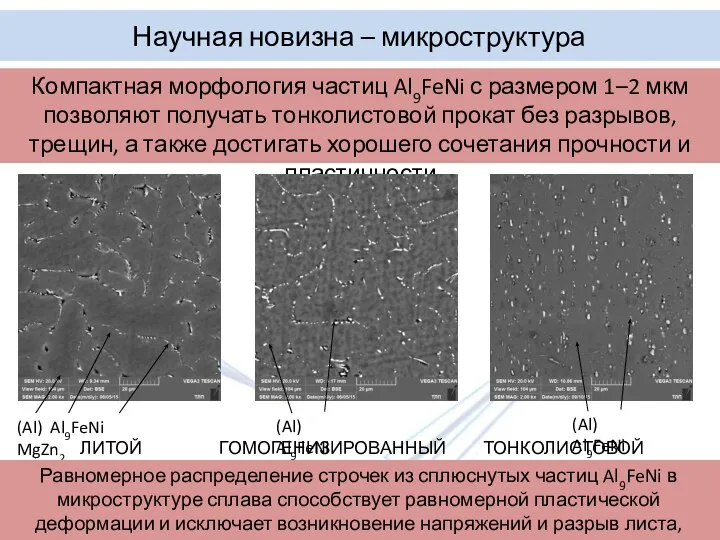 Научная новизна – микроструктура Компактная морфология частиц Al9FeNi с размером 1–2