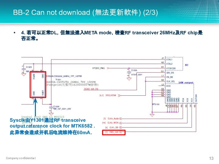 BB-2 Can not download (無法更新軟件) (2/3) 4. 若可以正常DL，但無法進入META mode，檢查RF transceiver 26MHz及RF