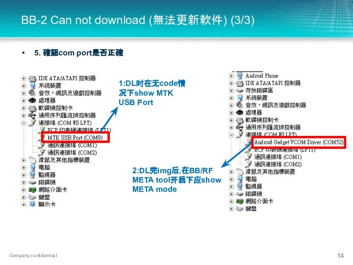 BB-2 Can not download (無法更新軟件) (3/3) 5. 確認com port是否正確 1:DL时在无code情况下show MTK