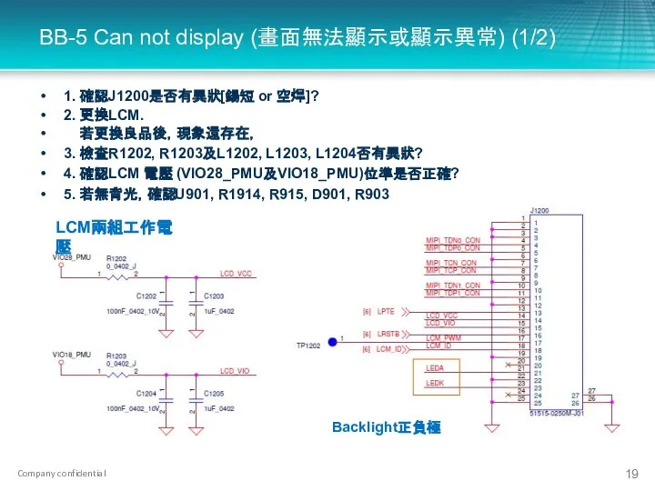 BB-5 Can not display (畫面無法顯示或顯示異常) (1/2) 1. 確認J1200是否有異狀[鍚短 or 空焊]? 2.