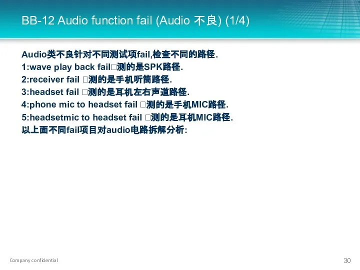 BB-12 Audio function fail (Audio 不良) (1/4) Audio类不良针对不同测试项fail,检查不同的路径. 1:wave play back