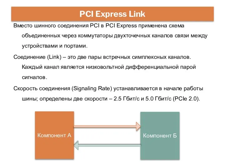 Вместо шинного соединения PCI в PCI Express применена схема объединенных через