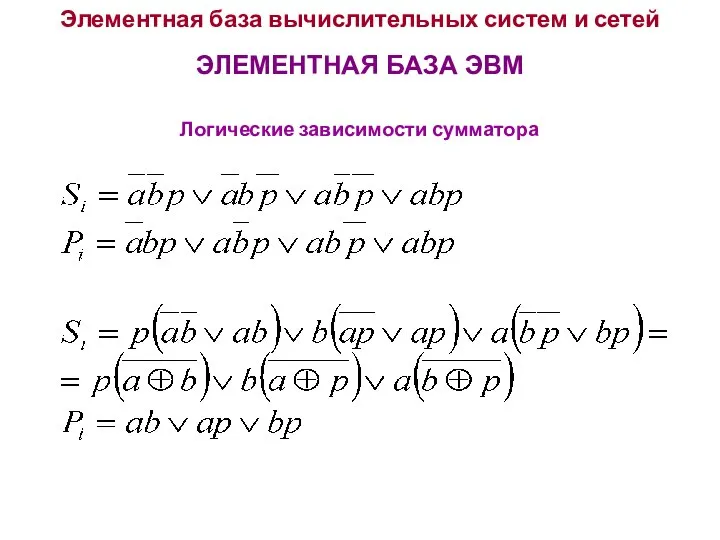 Элементная база вычислительных систем и сетей ЭЛЕМЕНТНАЯ БАЗА ЭВМ Логические зависимости сумматора