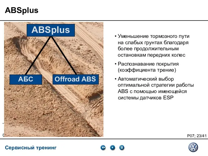 Service Training VSQ, 06.2007 ABSplus Уменьшение тормозного пути на слабых грунтах