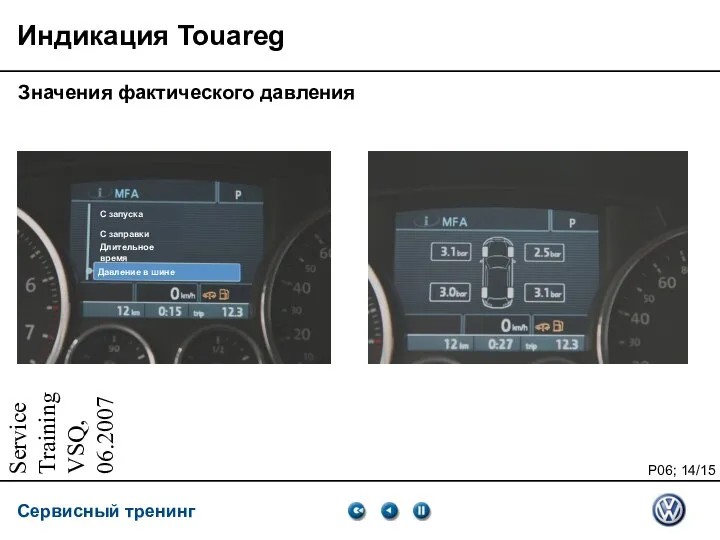 Service Training VSQ, 06.2007 Индикация Touareg Значения фактического давления