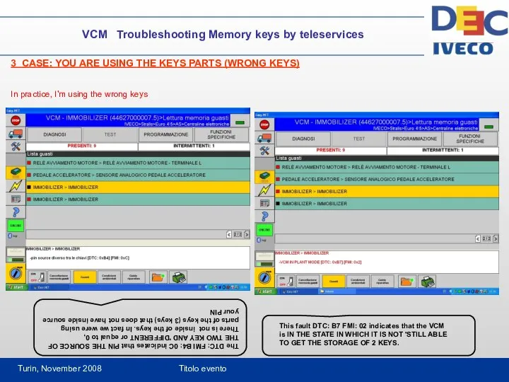 Turin, November 2008 Titolo evento VCM Troubleshooting Memory keys by teleservices