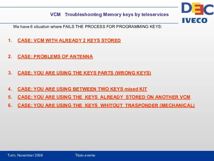 Turin, November 2008 Titolo evento VCM Troubleshooting Memory keys by teleservices